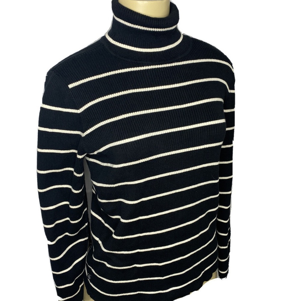 Lauren Ralph Lauren Ribbed Mock Turtleneck Sweater Womens L Black Ivory Stripe